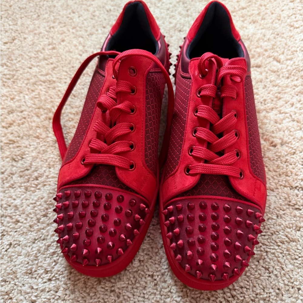 Authentic Used Once Christian Louboutin Men's Red Spiked Low-Top Sneakers